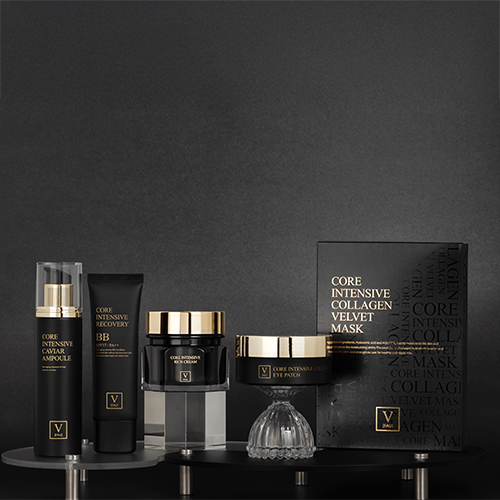 FAU Core Intensive Collagen skincare line arranged on a black background, including ampoule, BB cream, mask, eye patch, and recovery cream.