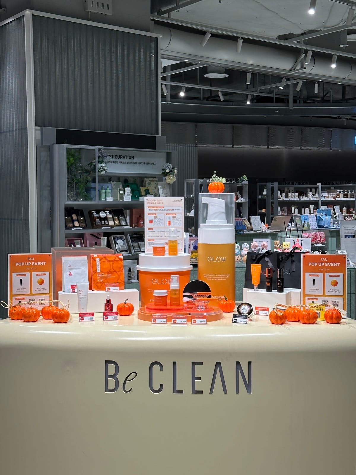 FAU Glow Pumpkin aesthetic cosmetics display at BeClean counter in The Hyundai Seoul.